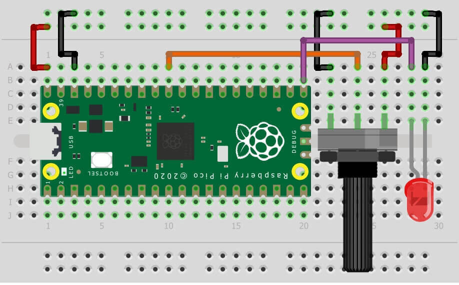 Raspberry Pi Pico ADC + Potentiometer LED Dimmer Circuit diagram
